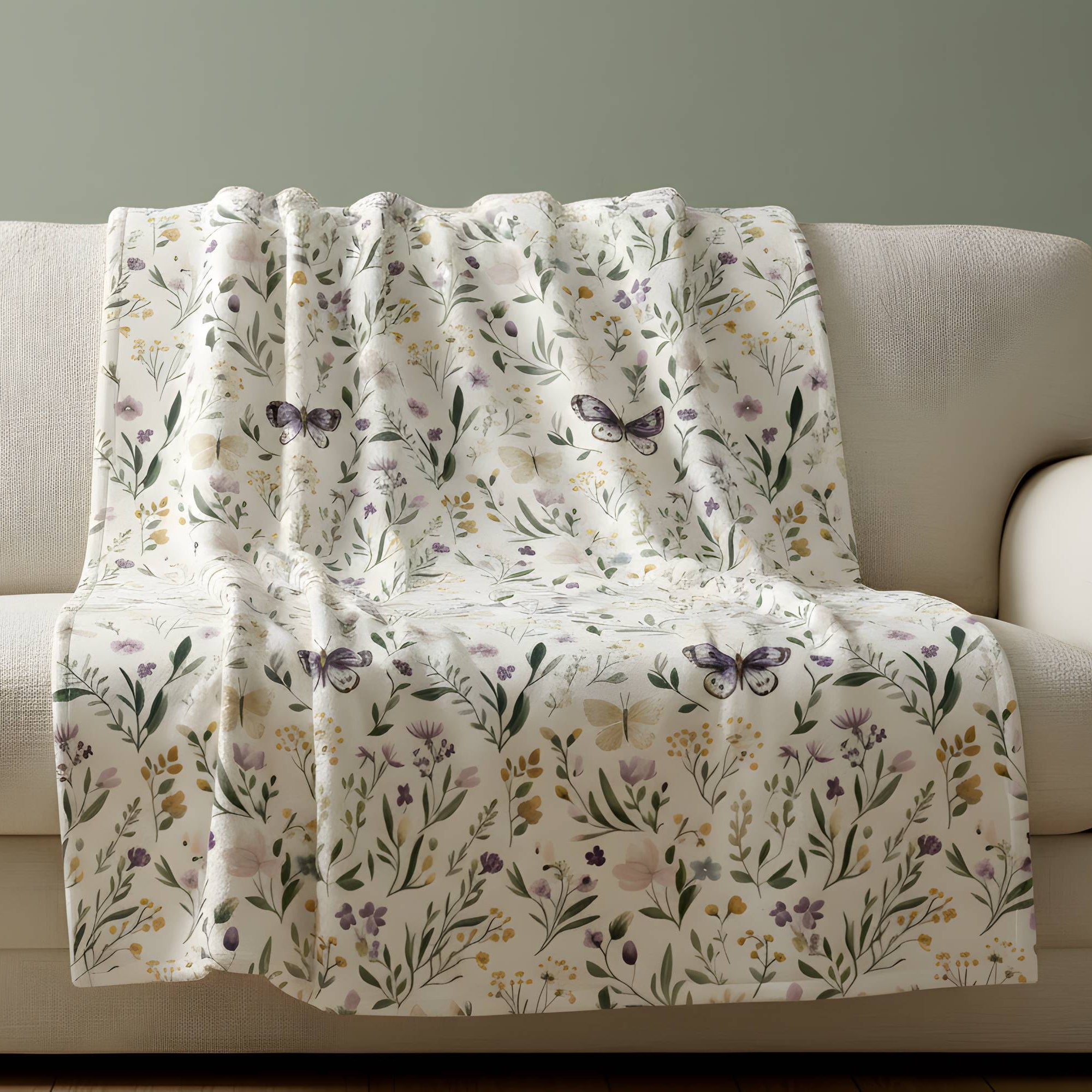 Meadow Wings blanket spread over a light sofa with butterflies, florals, and soft garden-inspired color.