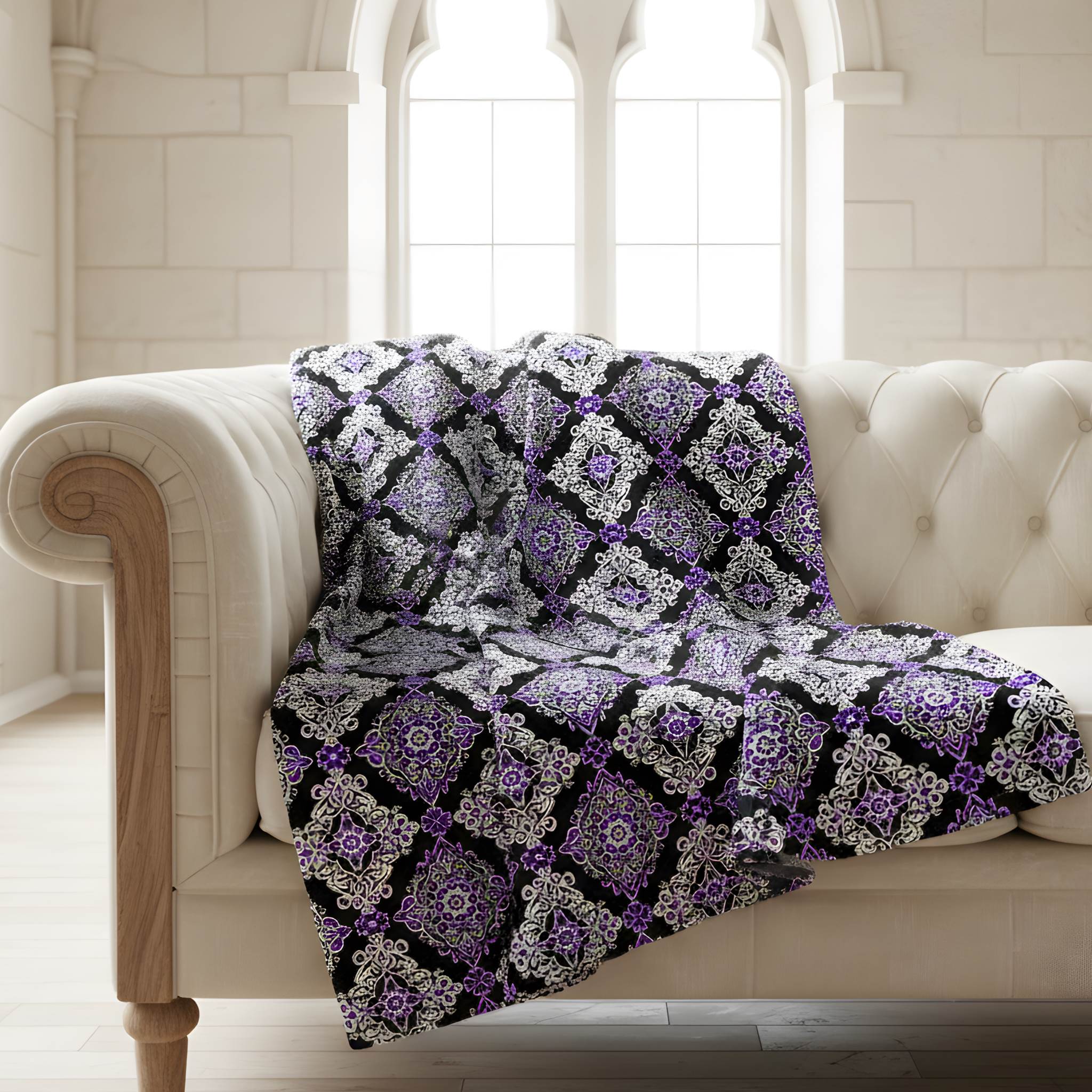 Throw blanket with purple and black damask pattern draped over a beige Victorian gothic sofa in a bright room.