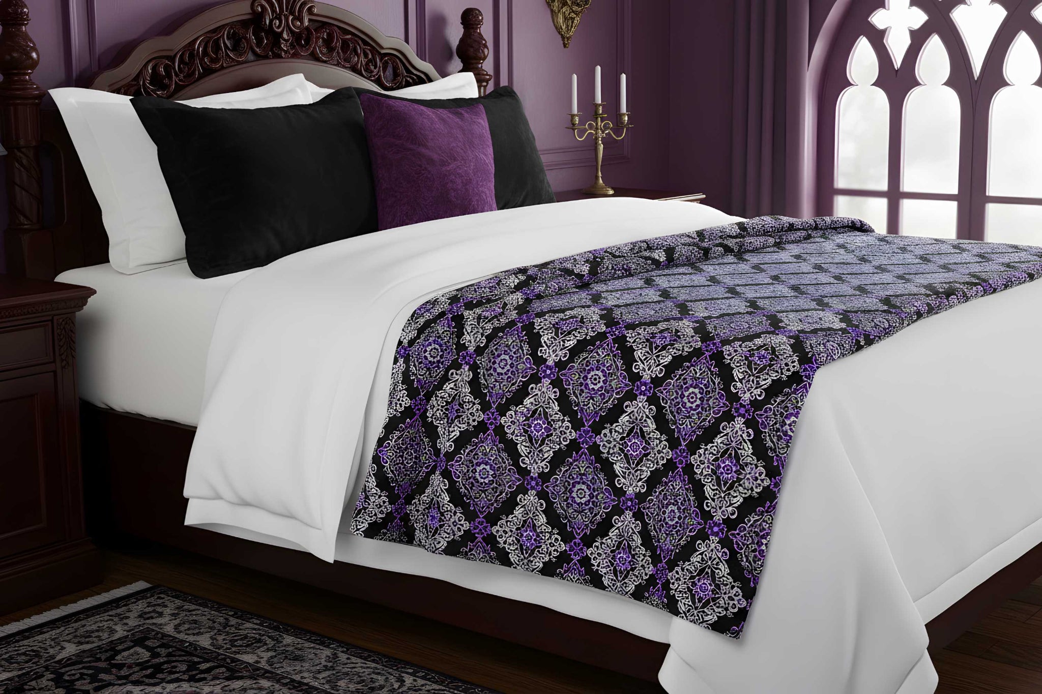 Purple, white and black damask throw blanket laying on bed in a Victorian gothic bedroom.