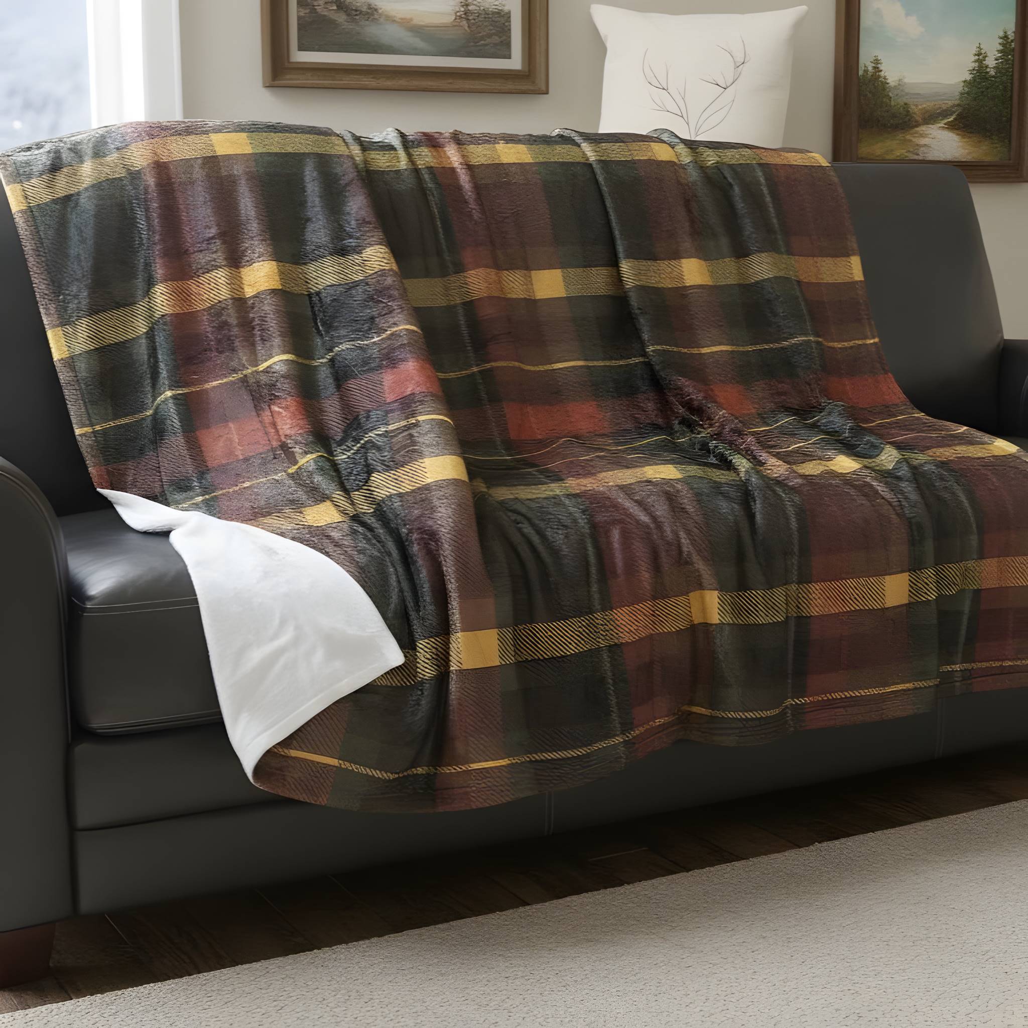 Cabin Check plaid throw blanket layered across a dark sofa with warm rustic tones.