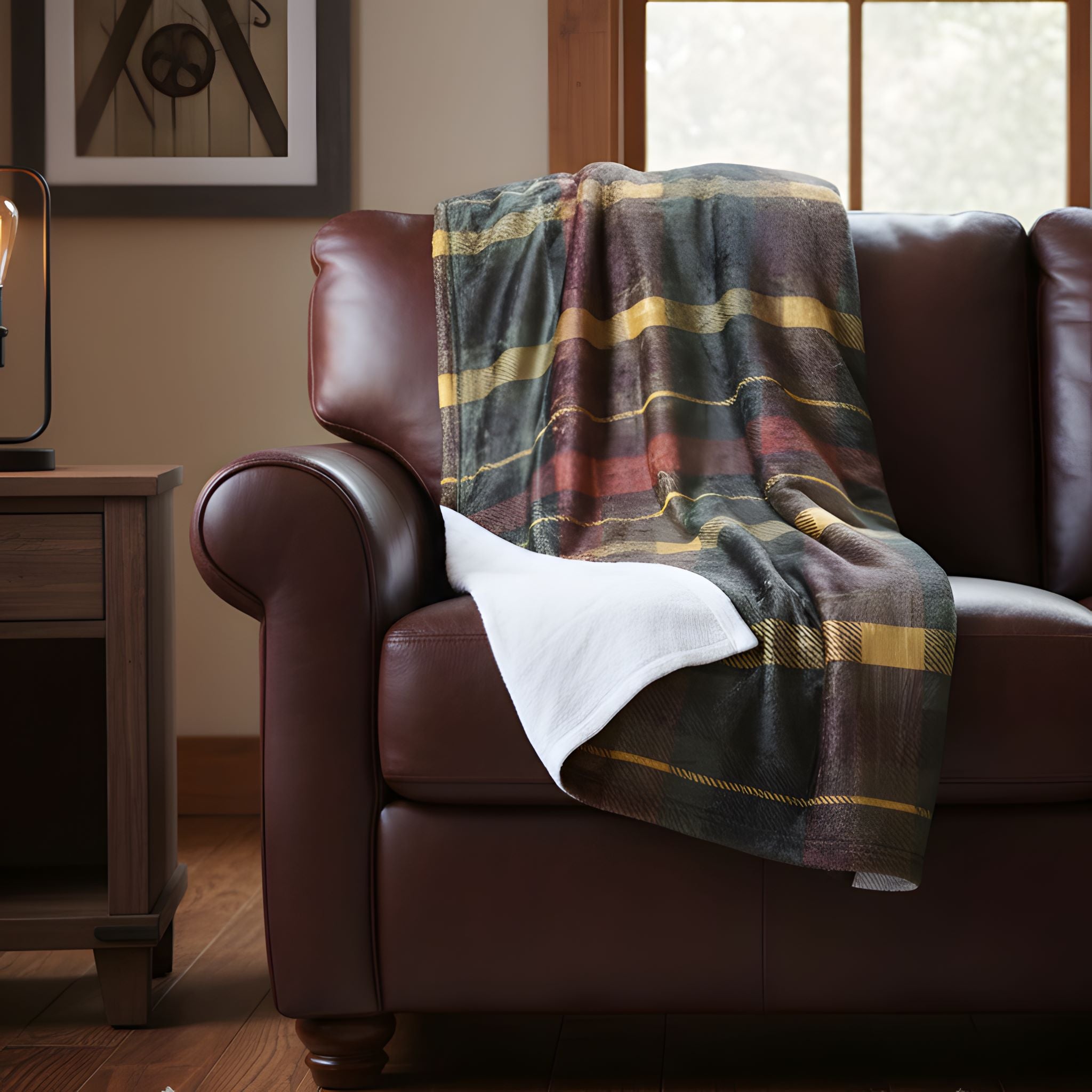Plaid throw blanket styled over a brown leather chair in a warm cabin-inspired room.