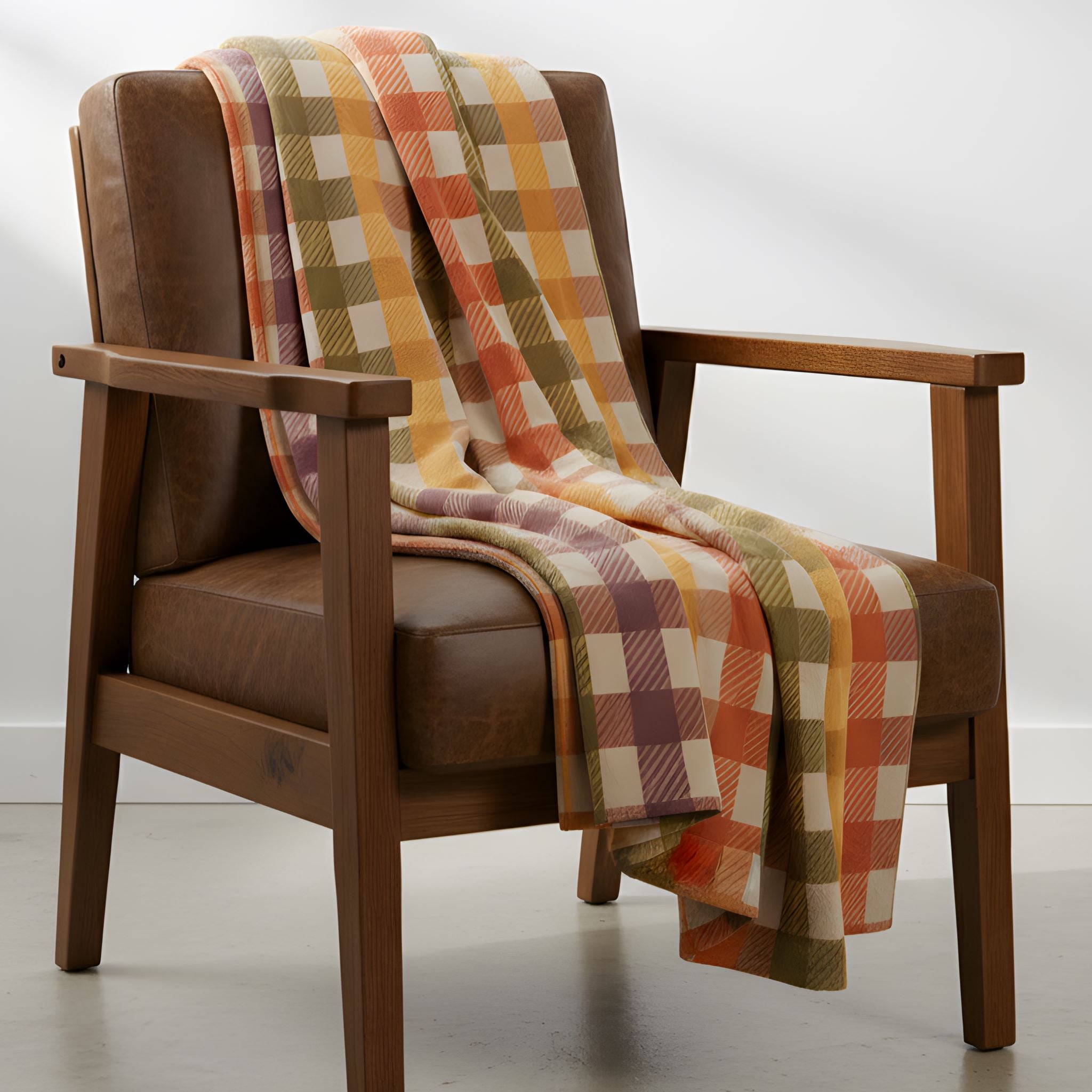 Rustic plaid velveteen throw blanket draped over a wooden chair in a cozy cottage-style room.
