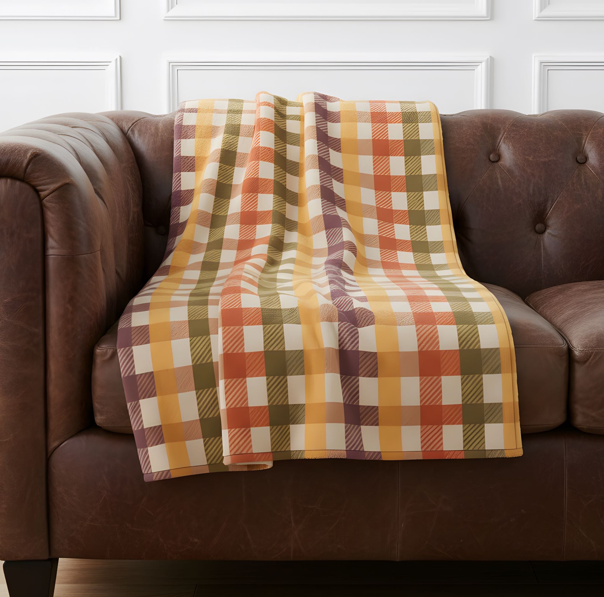 Autumn plaid blanket draped over a brown leather chair in a warm rustic living room.