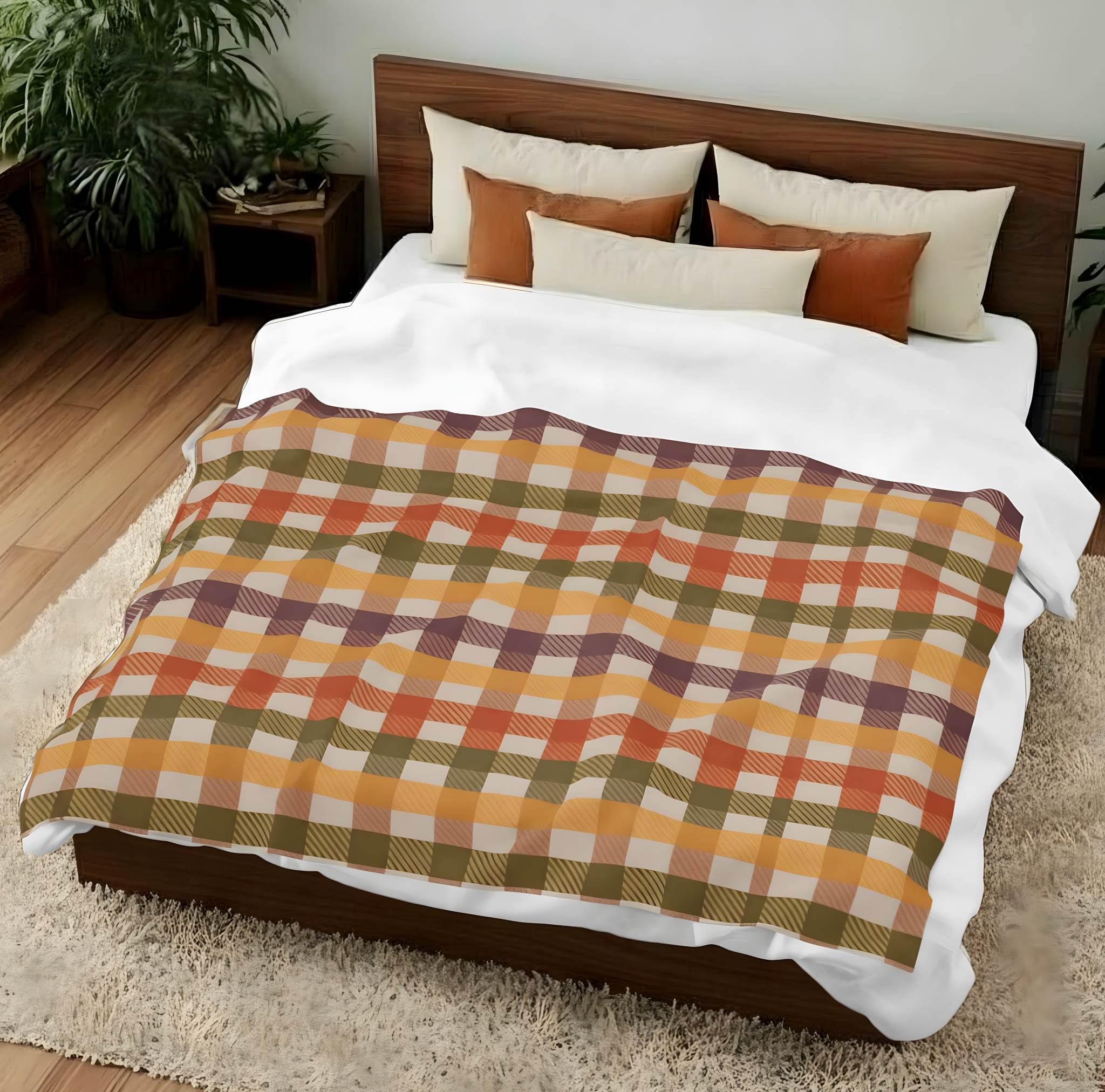 Rustic sherpa plaid blanket spread across a bed with cream bedding and cozy fall decor.