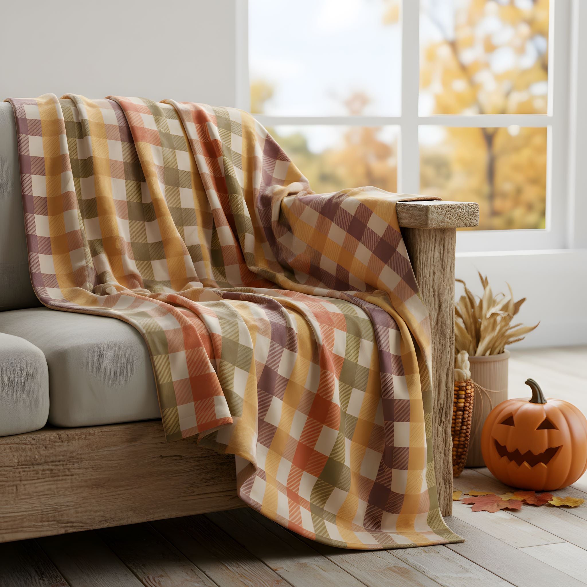 Autumn plaid blanket draped over a sofa with a pumpkin and autumn decor in the background.