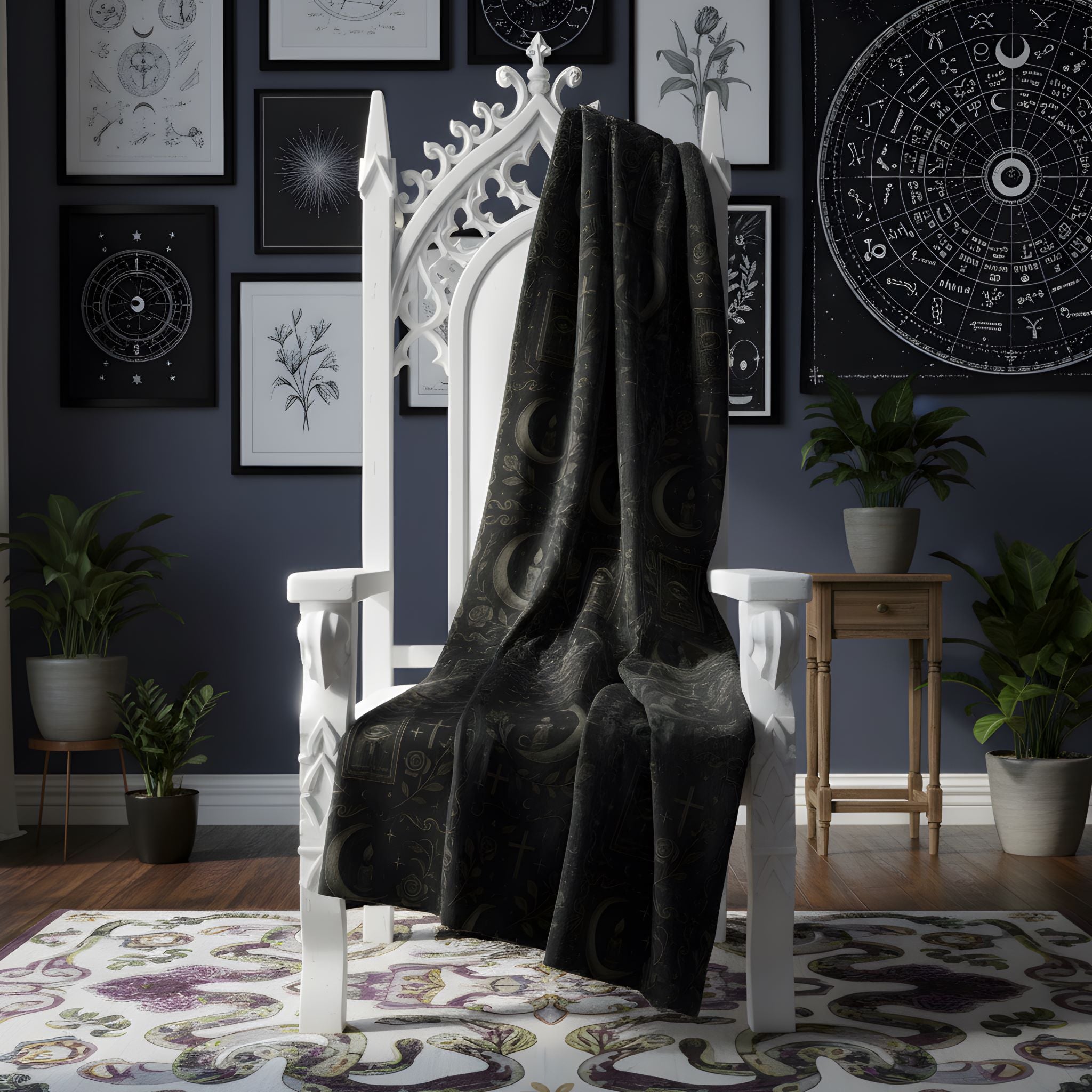 Black occult-inspired throw blanket styled over a chair in a dark Gothic interior.