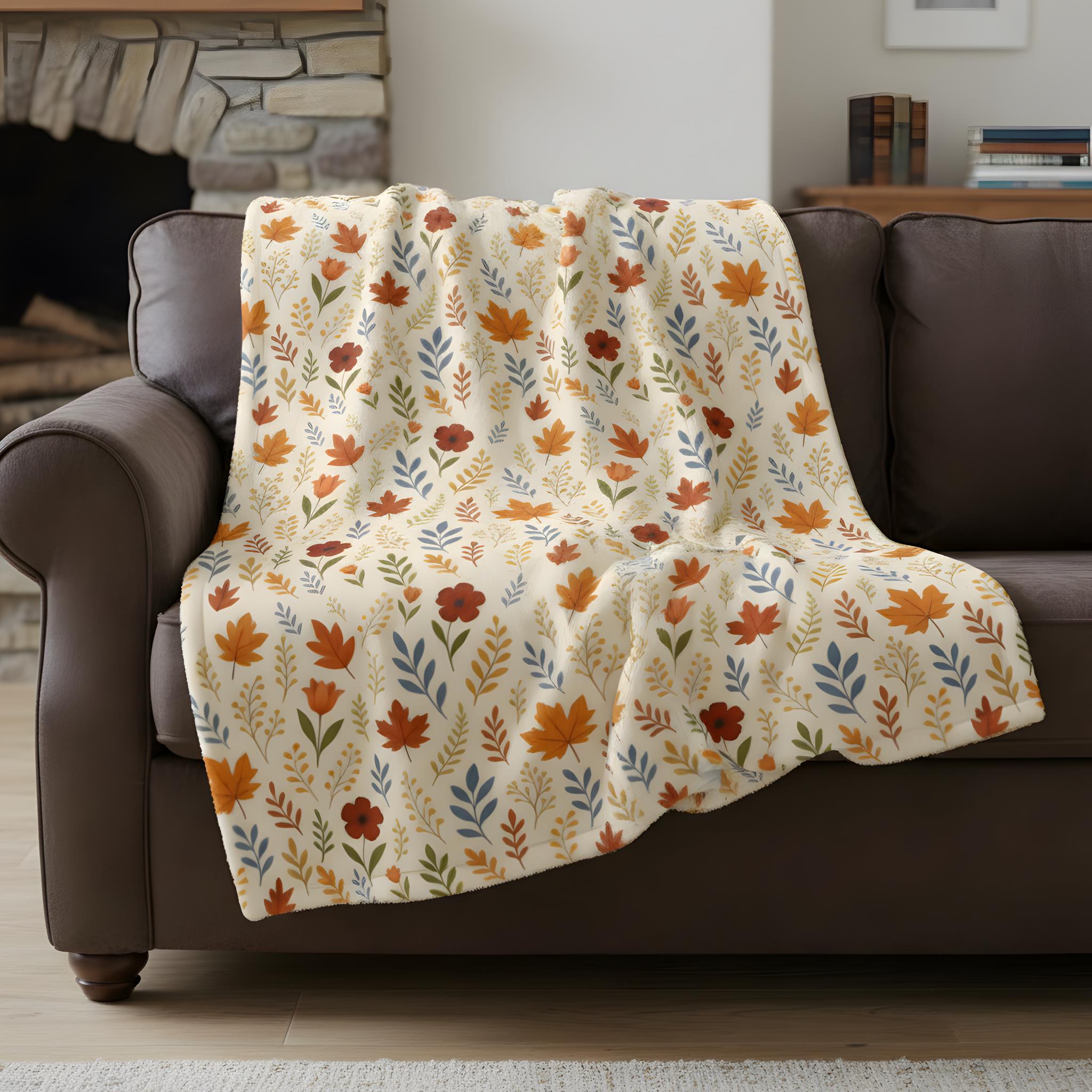 Thanksgiving blanket draped over a brown sofa in a cozy living room.