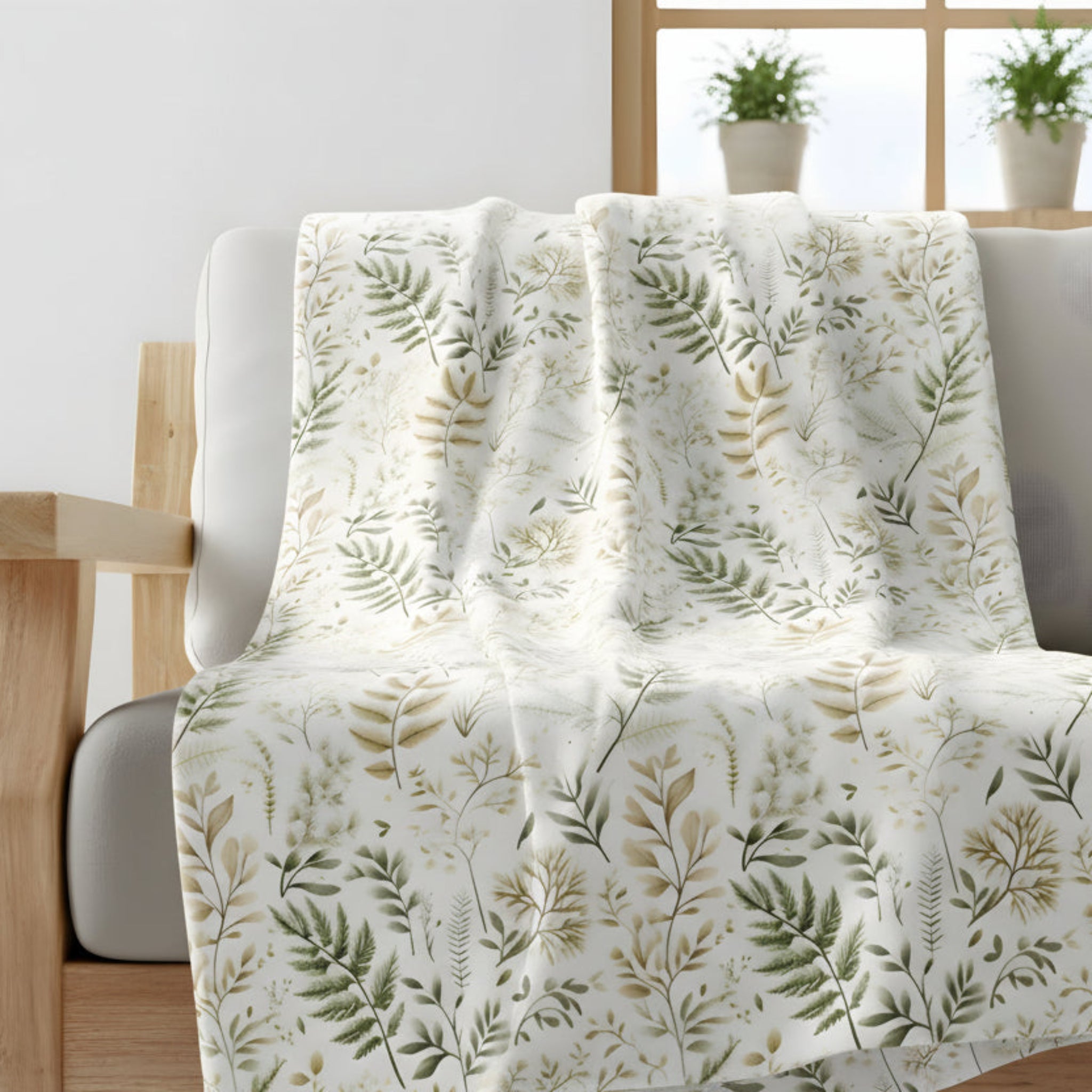 Soft botanical throw blanket draped across a grey sofa with airy greenery and neutral tones.