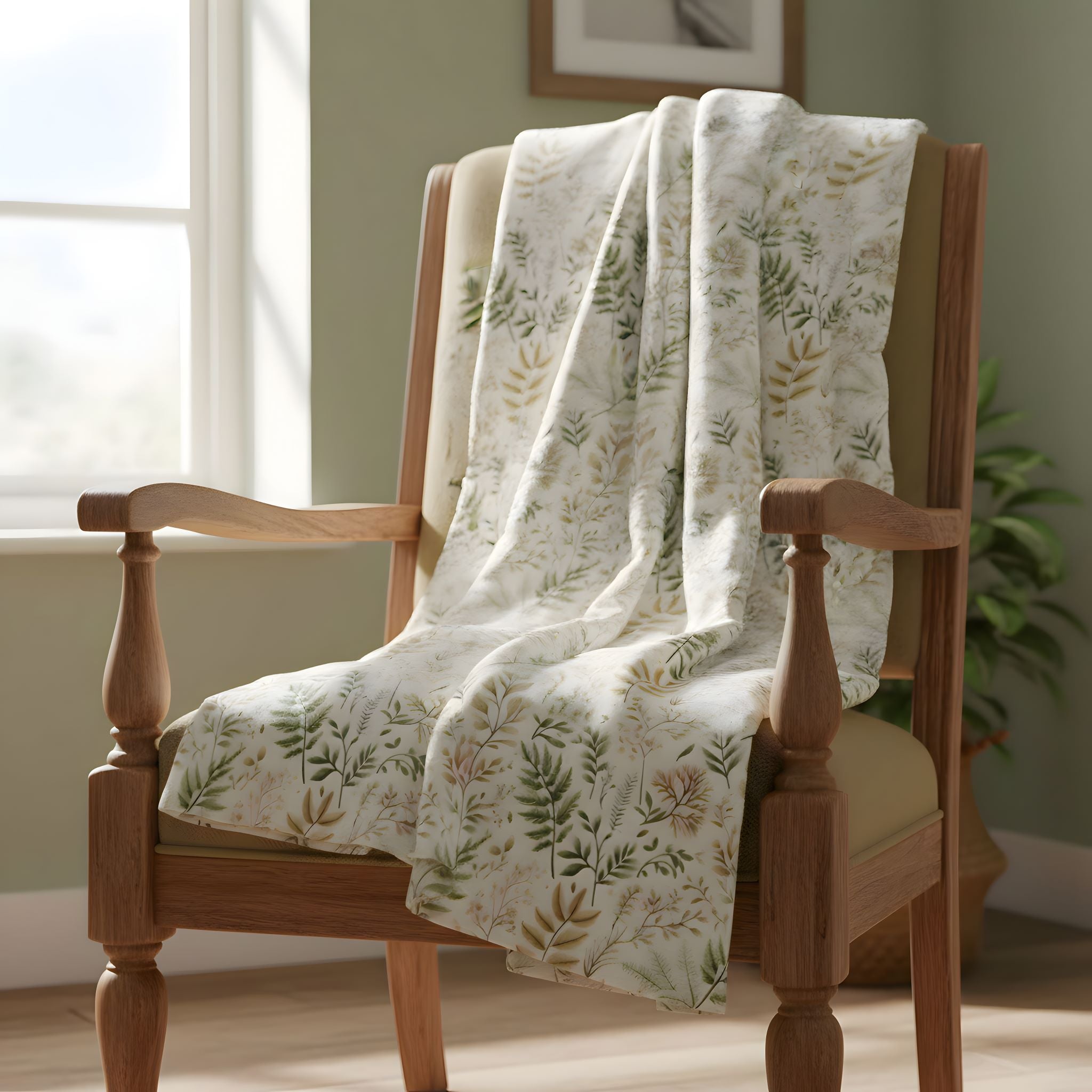 Fernlight sherpa blanket styled over a wooden chair in a bright cottage-inspired room.