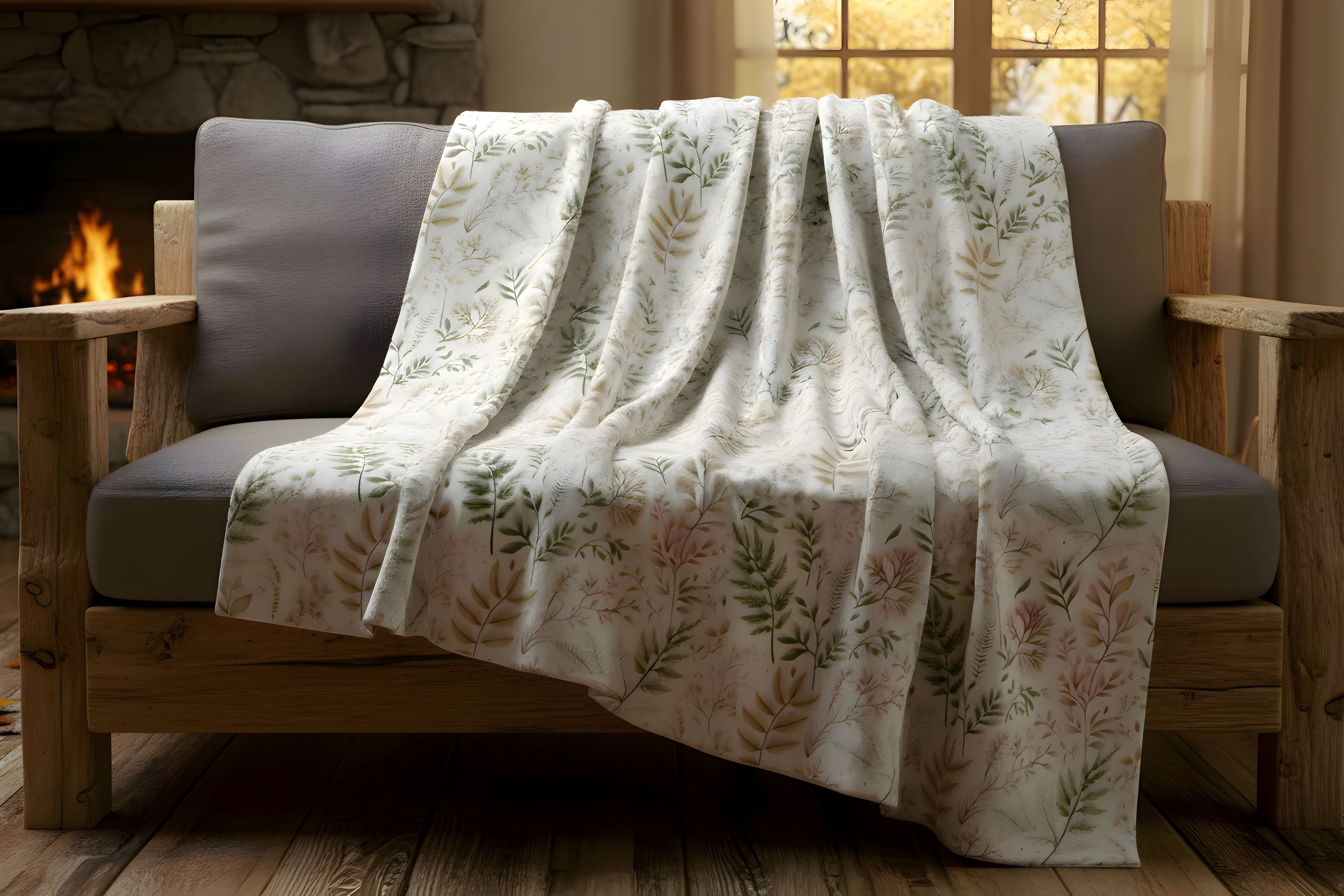 Fernlight throw blanket styled in a cozy room with soft botanical print and warm cottage decor.