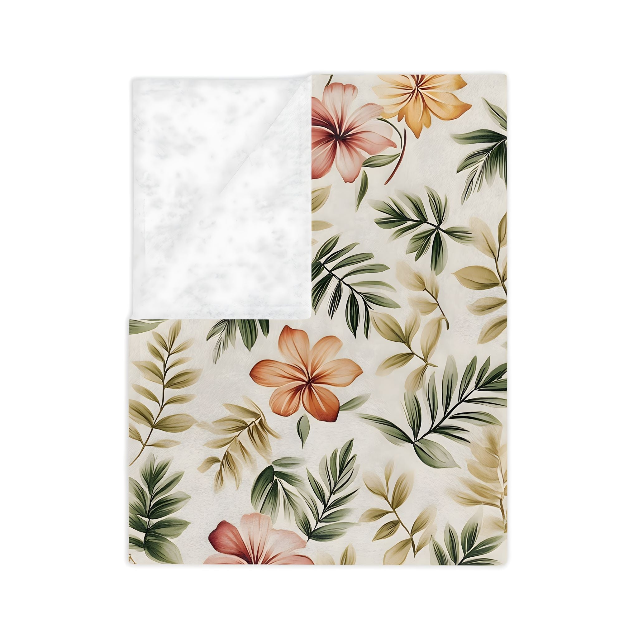Coastal Mediterranean floral throw blanket in velveteen or sherpa with cream background and tropical leaves.