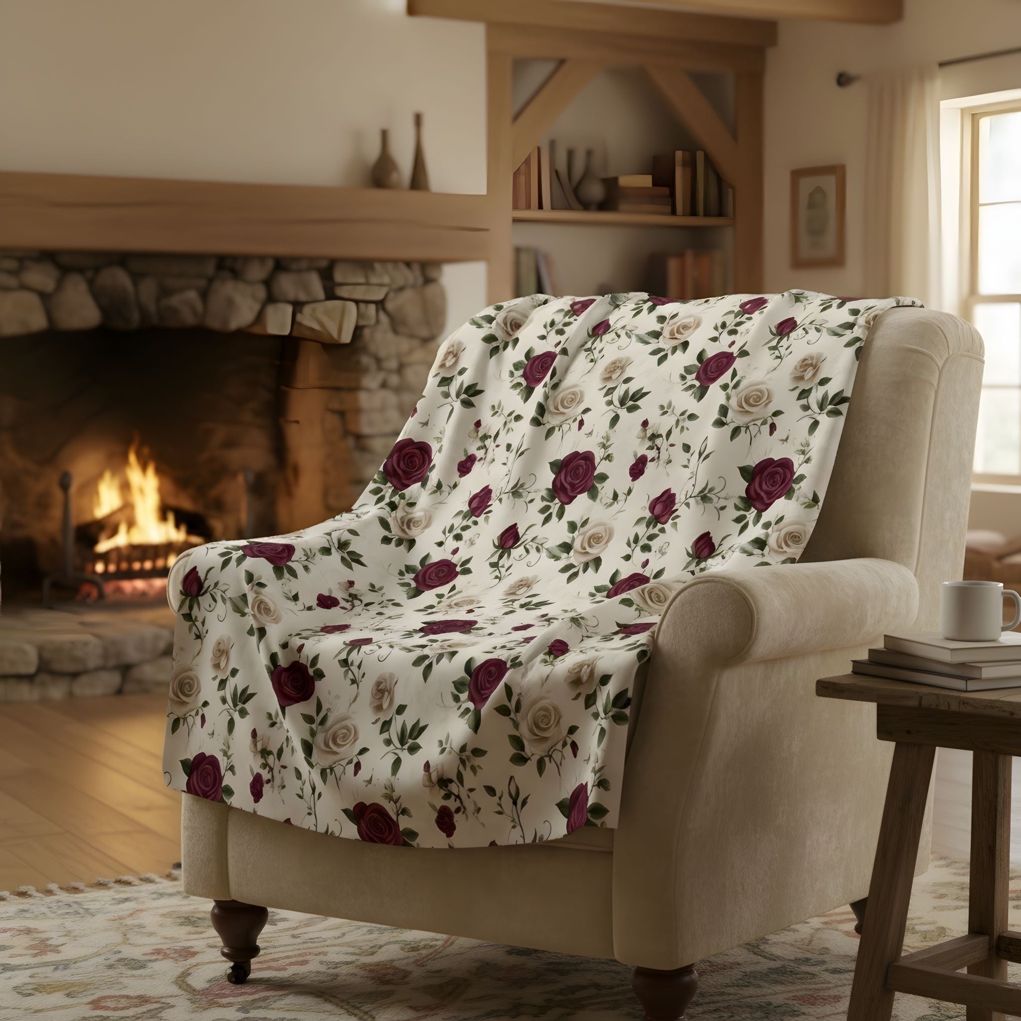 Chateaucore vintage throw blanket with burgundy roses in velveteen or sherpa by the fireplace in a cozy living room.