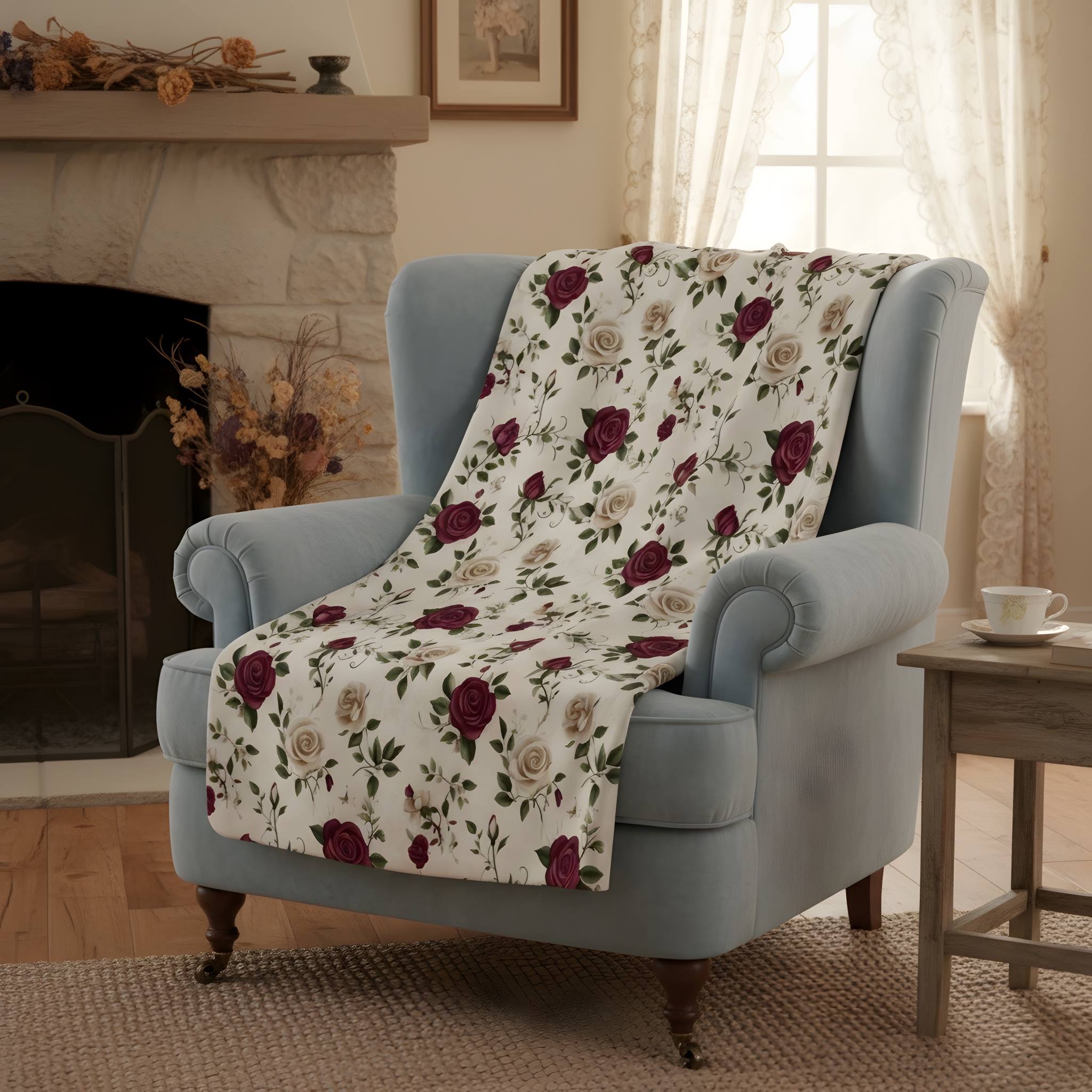 Chateaucore rose throw blanket draped on armchair in velveteen or sherpa with timeless floral pattern.