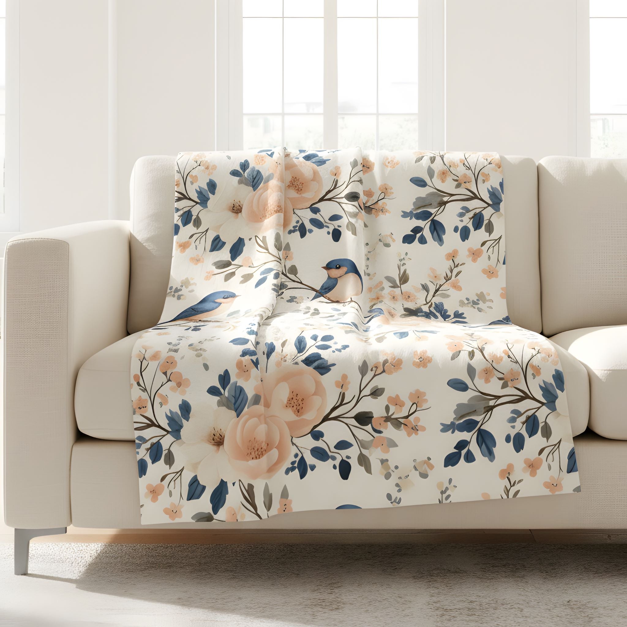 Blue bird floral throw blanket spread across a white couch with soft cottage decor styling.