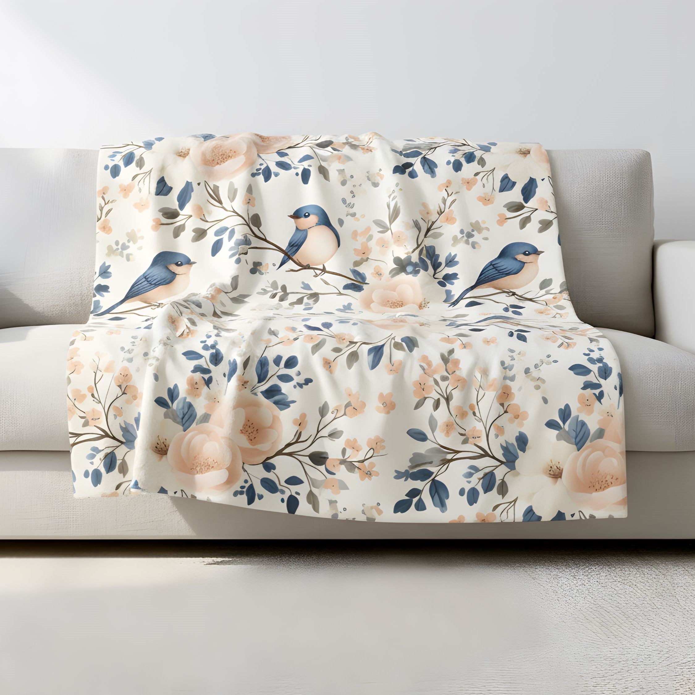 Blue bird floral velveteen throw blanket draped over a white sofa in a bright cottage-style room.