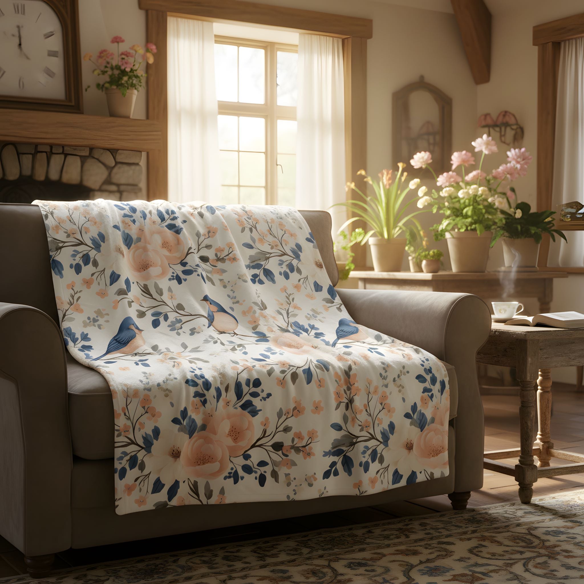 Sweet Song bird and floral throw blanket styled on a sofa in a warm enchanted cottage living room.