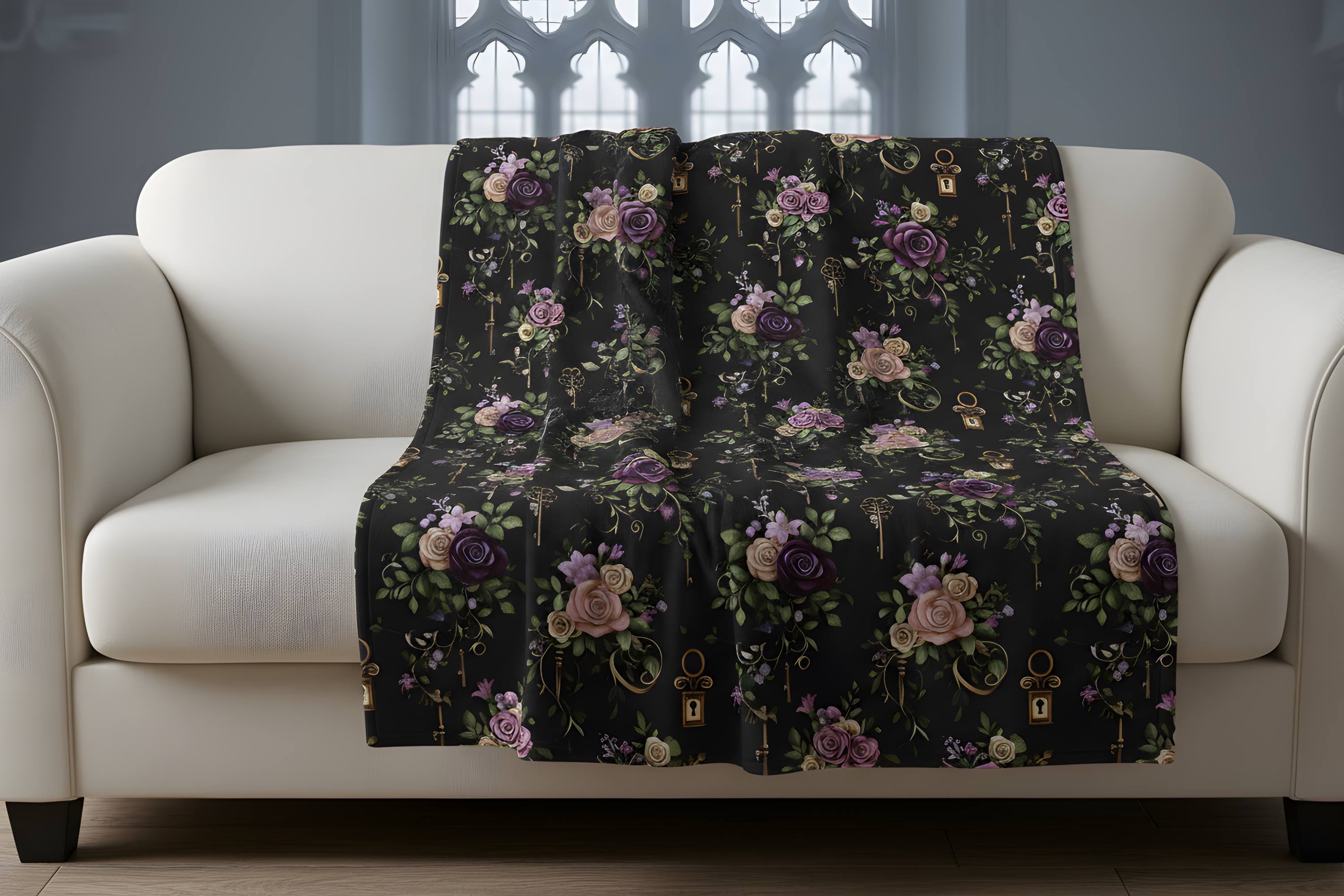 Antique key floral blanket draped over a cream sofa in a bright Victorian Gothic room.