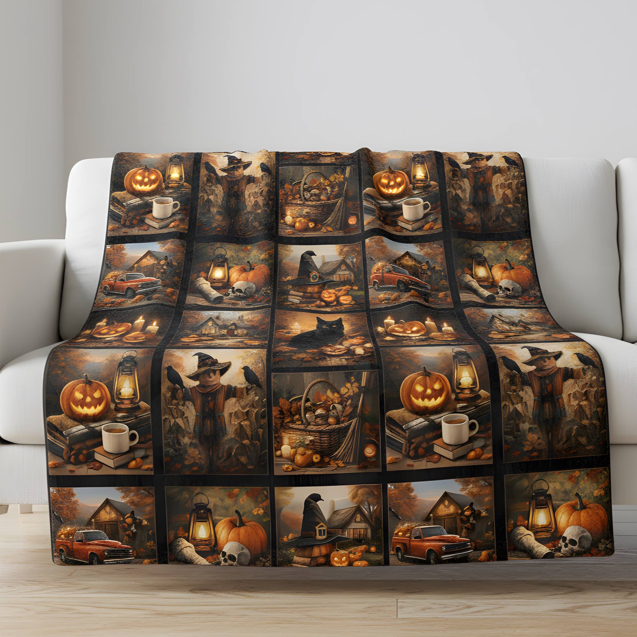 Halloween blanket with pumpkins, cats, scarecrows, and other Autumn elements draped over a sofa.