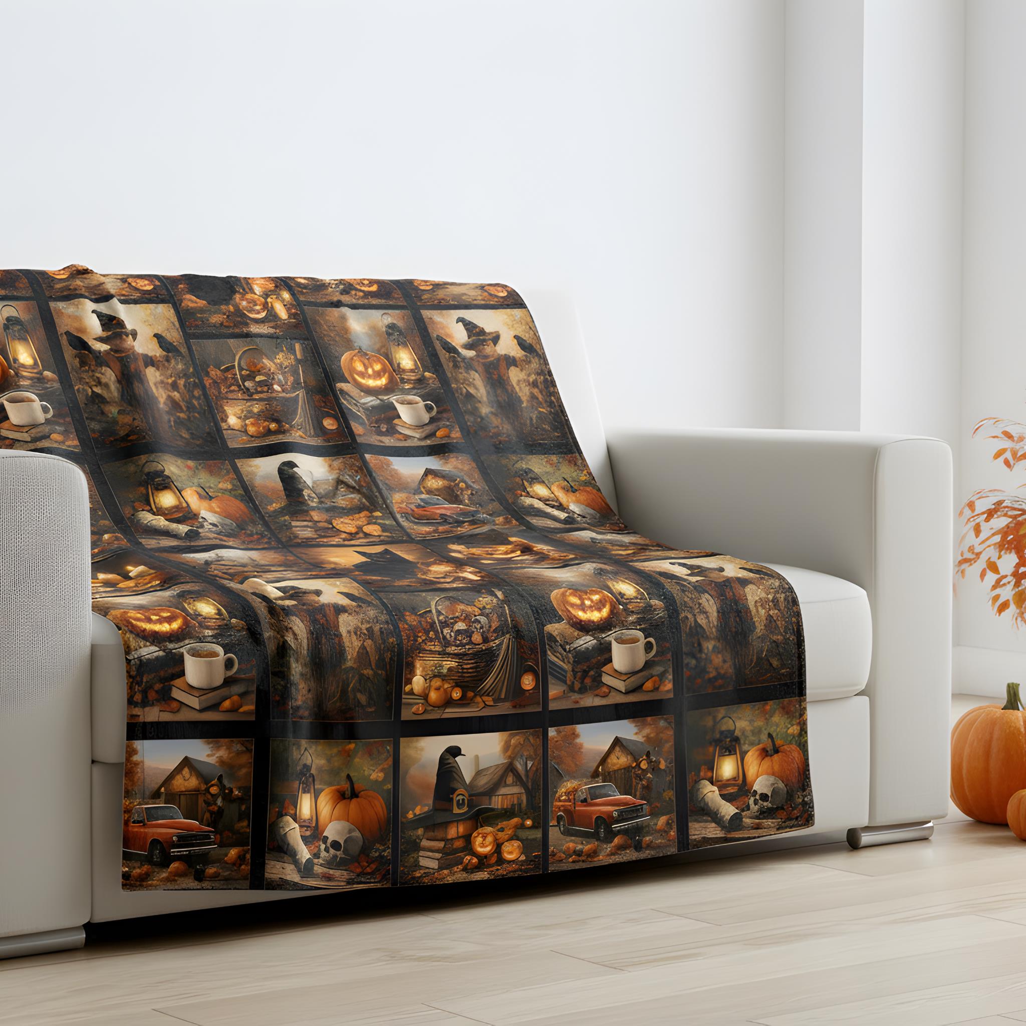 Halloween throw blanket draped over a white couch.