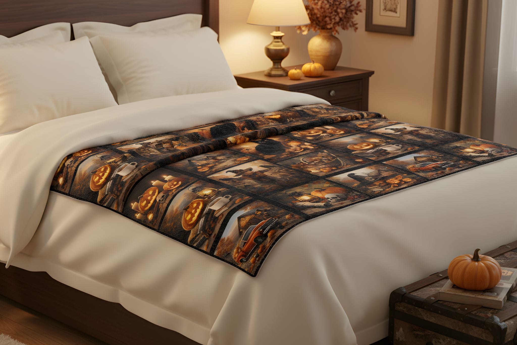 Halloween themed throw blanket laying on a bed in an Autumn decorated bedroom.