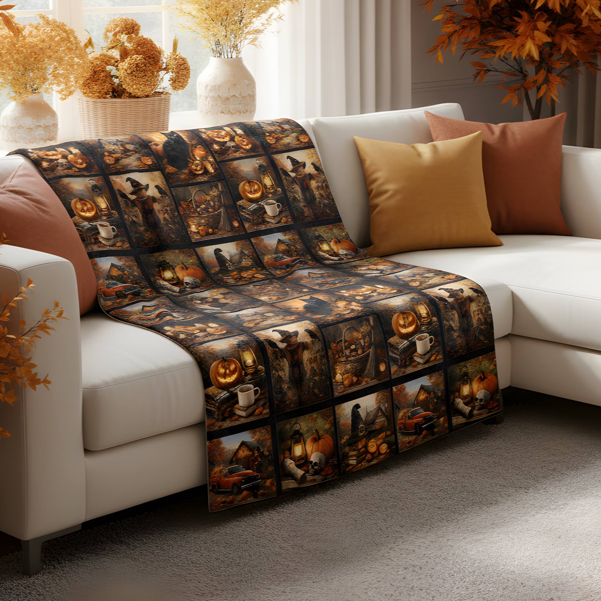 Halloween blanket draped over a sofa in an autumn-decorated living room.