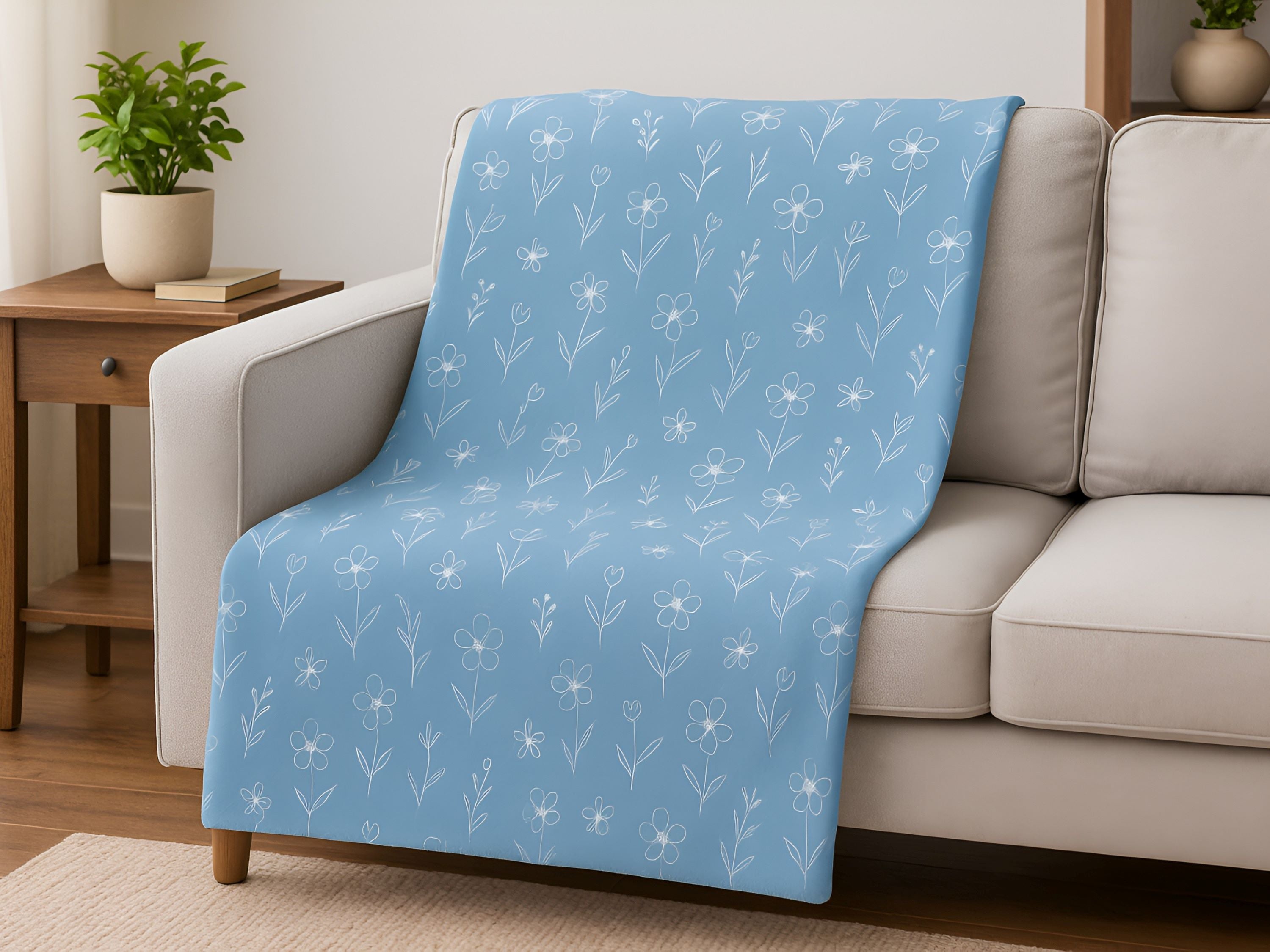 Cottage styled blue floral-patterned throw blanket draped over a beige sofa in a living room setting.