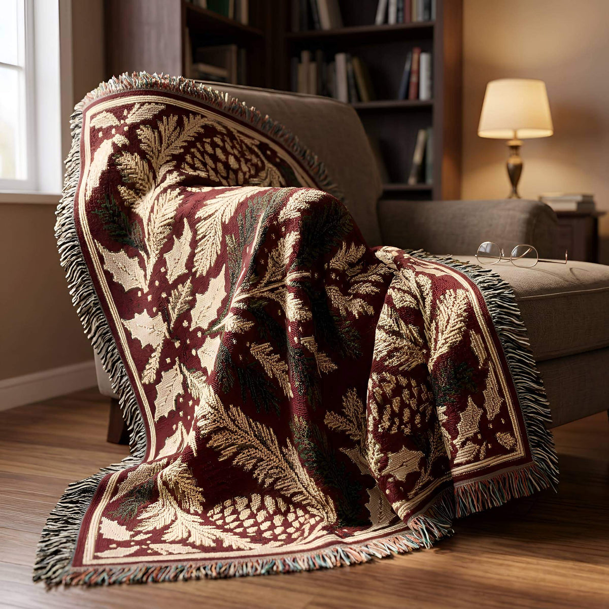 Fringed Christmas woven blanket casually draped across a chair, displaying cranberry red, cream, and evergreen botanical details in a cozy holiday setting.