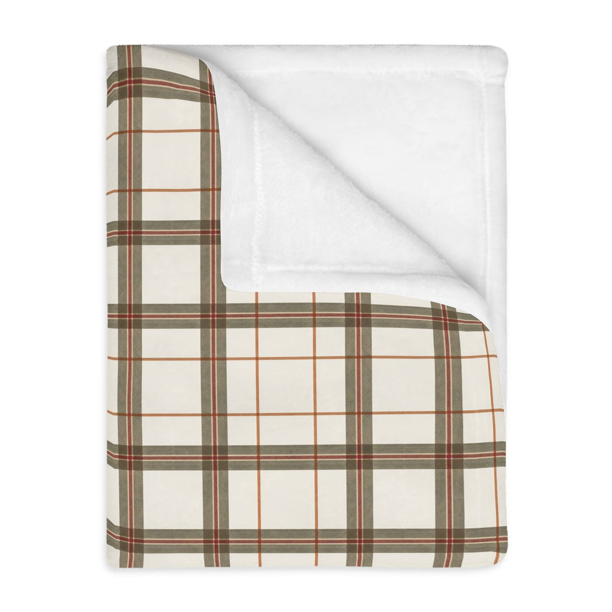 A folded blanket with a white plush reverse side and a cream plaid front featuring brown, green, and red stripes, shown on a white background.