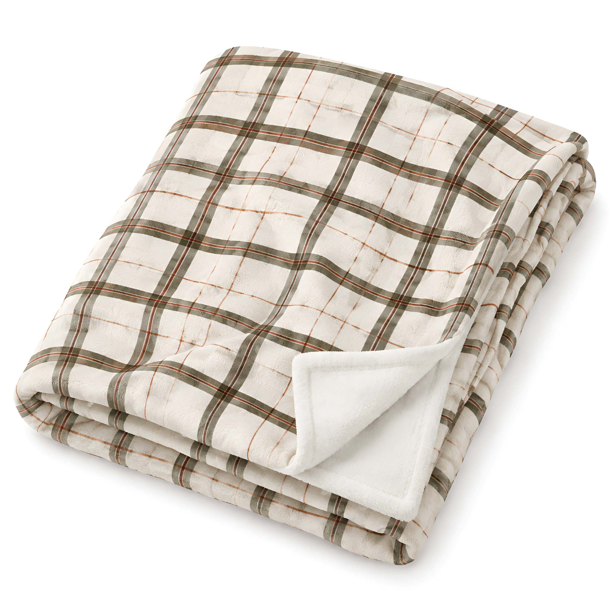 A folded Autumn throw blanket with a soft plaid pattern in brown and beige over an off-white base, featuring a plush white velveteen backing.