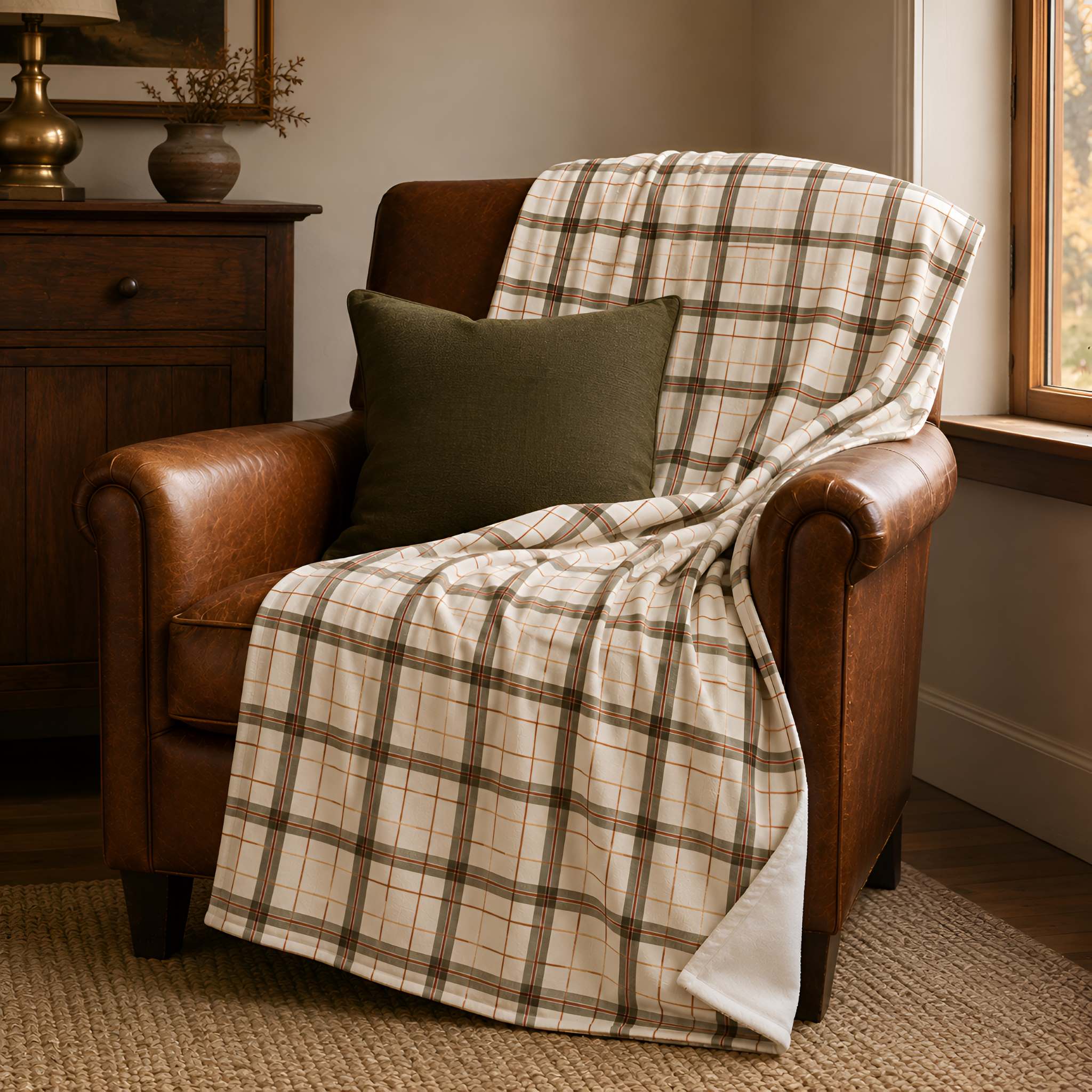A cream and brown plaid throw blanket is draped over a brown leather armchair next to a window, with a dark olive green pillow resting on the chair.