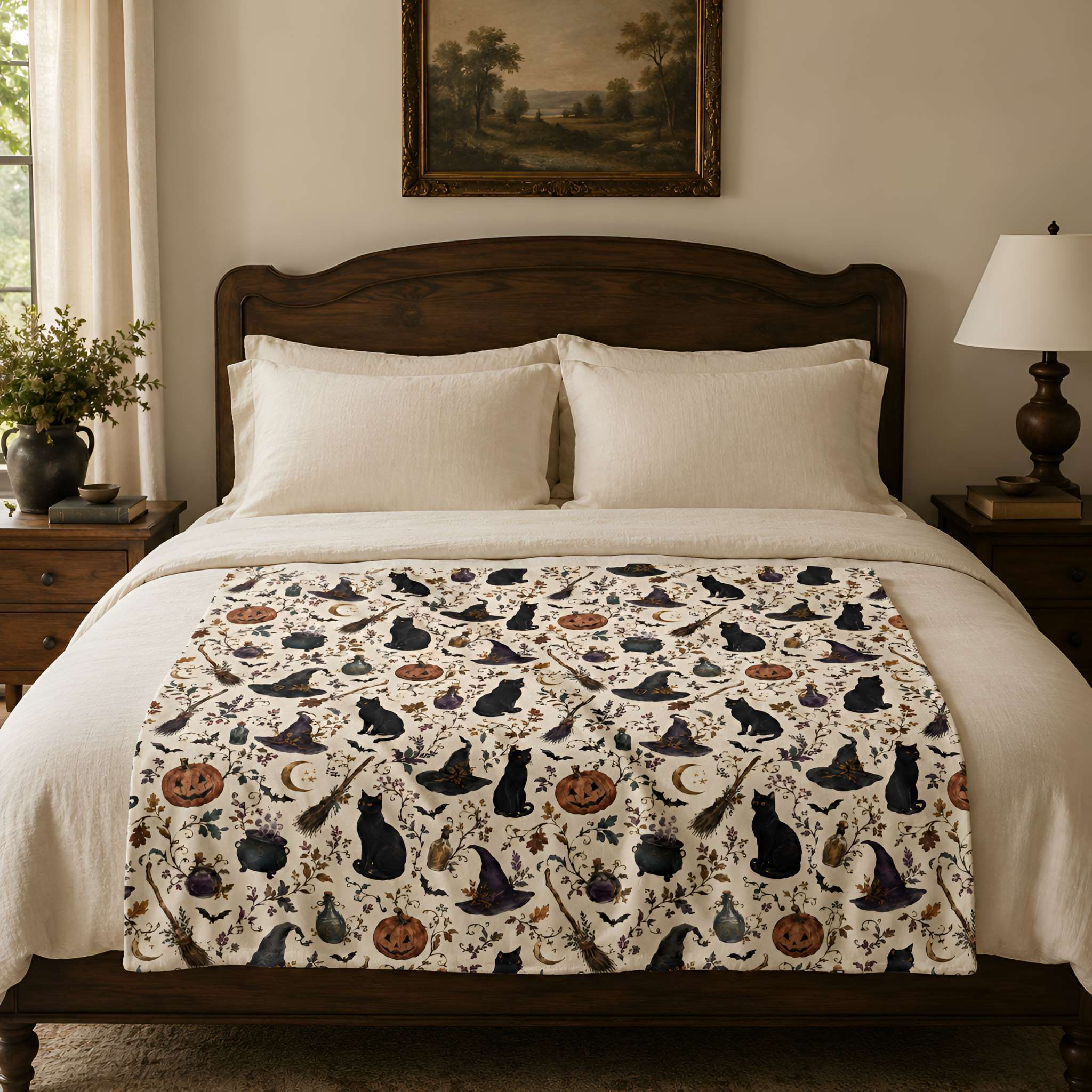 A bed dressed in white linens with a cream-colored blanket featuring a Halloween-themed pattern of black cats, witch hats, broomsticks, pumpkins, and cauldrons, styled in a warm, traditional bedroom setting.