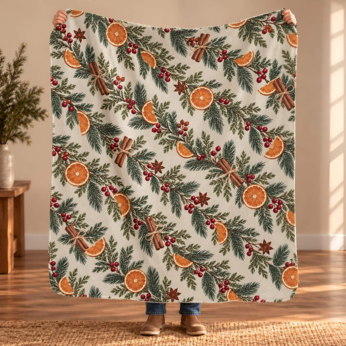 Pine Citrus 50x60 sherpa throw blanket held open, showing orange slices, evergreen sprigs, red berries, and cinnamon on ivory.
