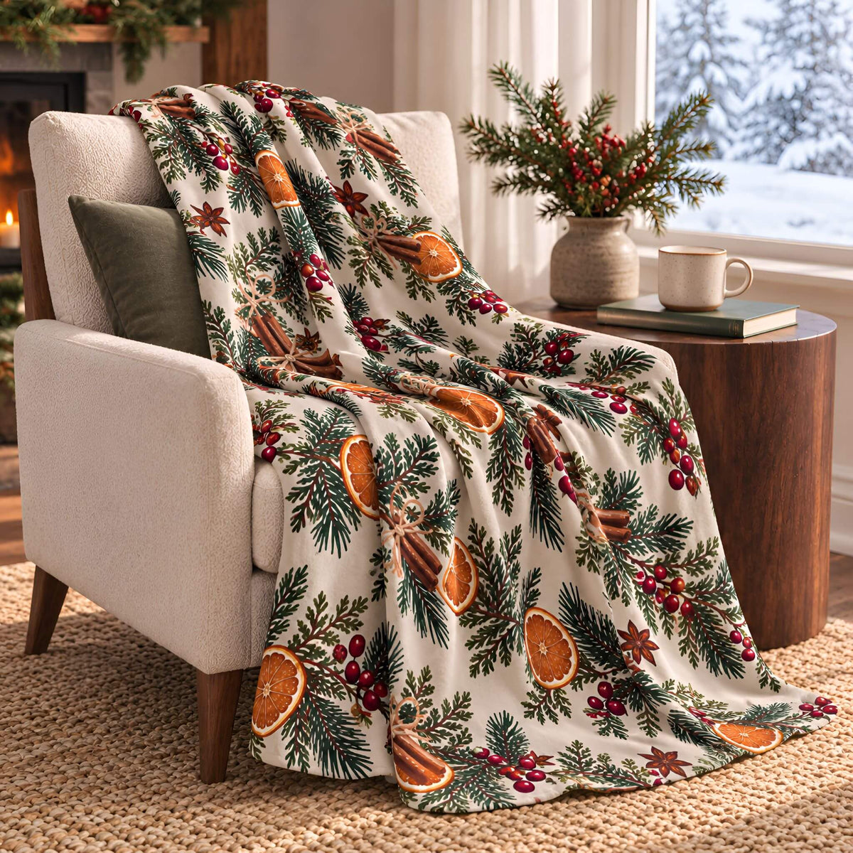 Pine Citrus sherpa throw draped over a light armchair beside a small table.
