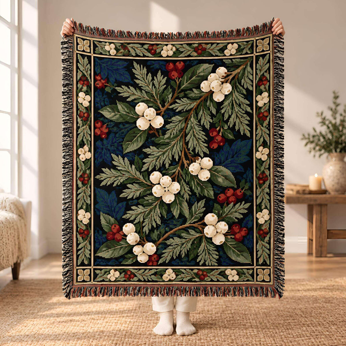 A person holds up a large cotton, woven throw blanket with a botanical pattern of green leaves, white flowers, and red berries on a dark blue background. The tapestry has fringed edges and is shown in a cozy, sunlit room with a chair and a wooden table in the background.