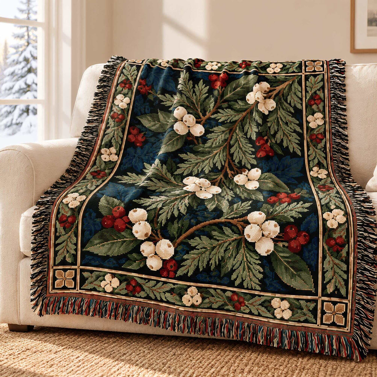 A woven throw blanket with a detailed botanical pattern of green leaves, white flowers, and red berries on a dark blue background, draped over a cream-colored sofa in a bright, sunlit living room.