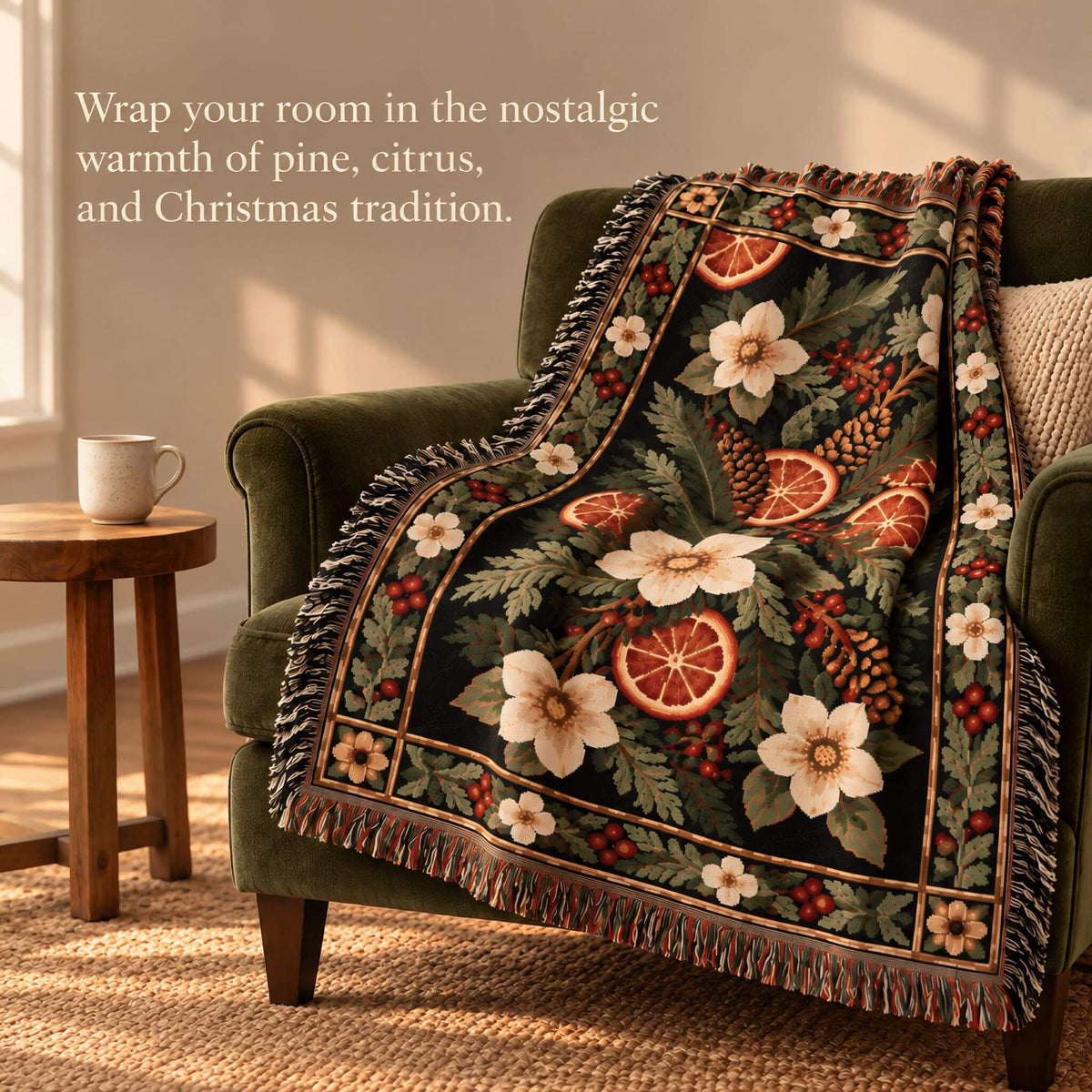 A holiday-themed throw blanket draped over an olive green armchair in a warmly lit room. The blanket has a dark background with cream-colored winter flowers, red berries, pinecones, and orange slice motifs, along with black fringe.