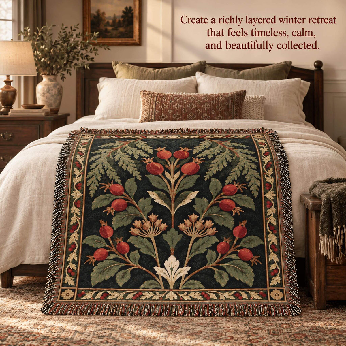 A decorative cotton throw blanket with fringe and a floral botanical pattern in red, green, and beige tones, draped over a bed in a warm, rustic bedroom setting. The tapestry features dark green and black background, green leaves, and red berries, with fringed edges.