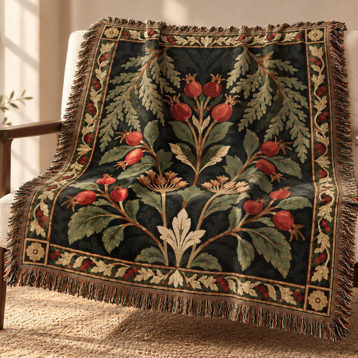 A woven throw blanket with a botanical pomegranate pattern draped over a modern armchair in a sunlit room.