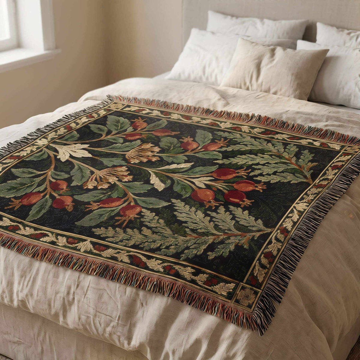 A woven Christmas throw blanket with a botanical floral pattern in green, red, and beige, draped over a bed with white bedding.