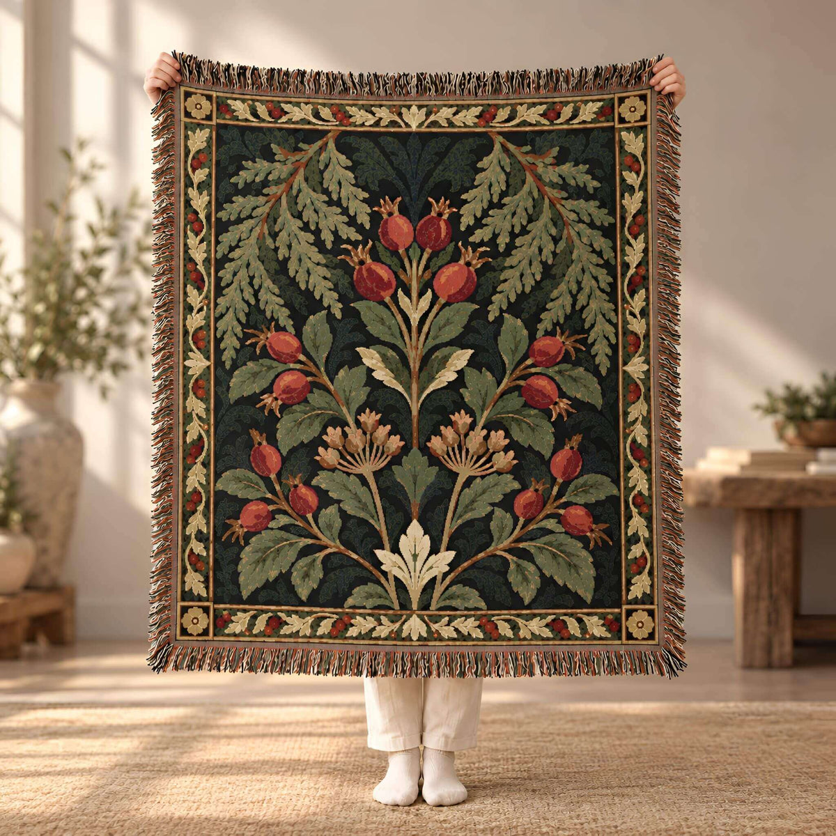 A person holds up a large woven blanket with fringe, featuring a dark green background with a botanical floral pattern in red, beige, and green. The person is wearing white pants and white socks, standing in a sunlit room with plants and a wooden table in the background.