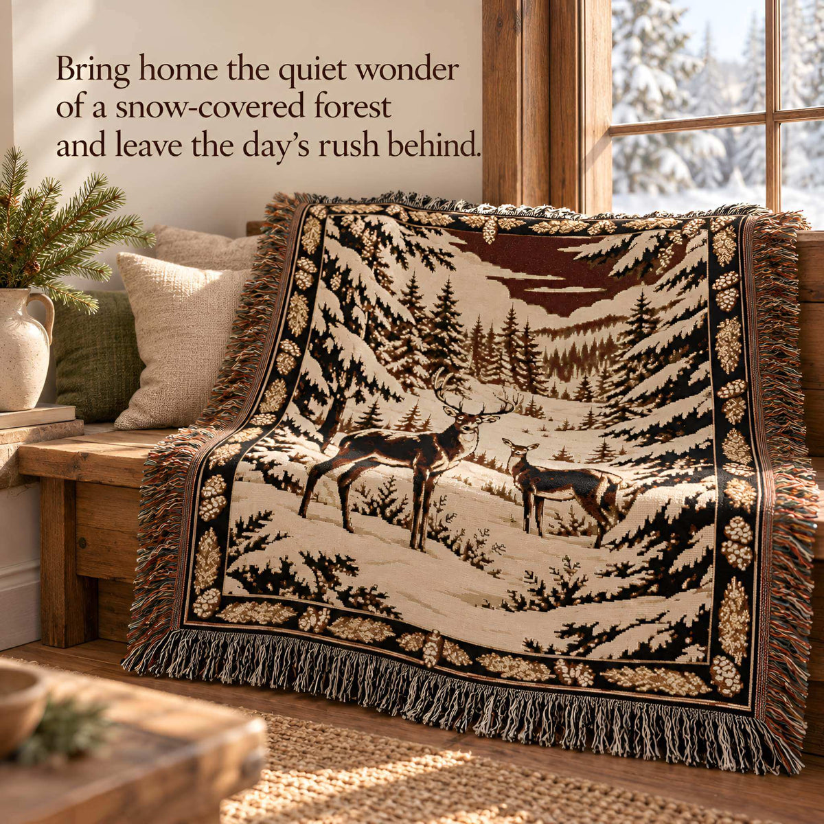 Snowy Deer Cotton Woven Throw Blanket, 50x60 | Umber Grove