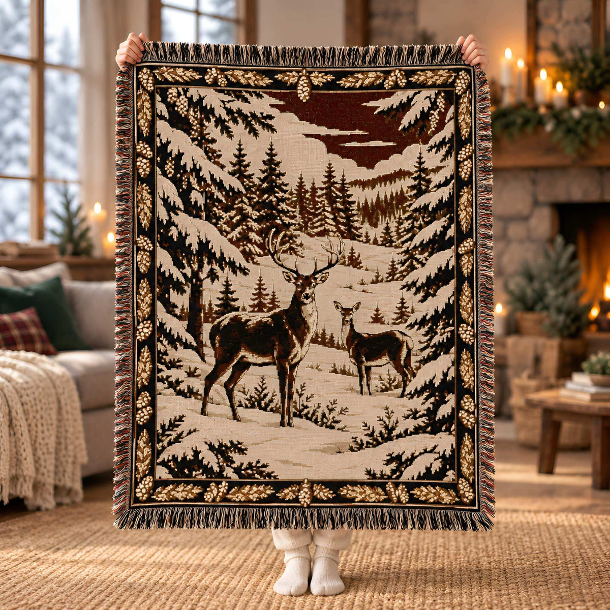 Snowy Deer Cotton Woven Throw Blanket, 50x60 | Umber Grove