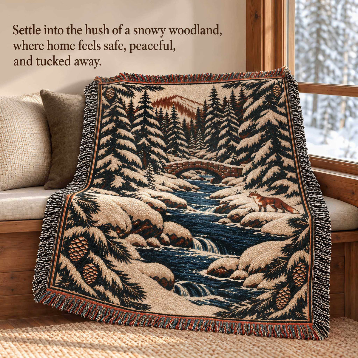 A woven throw blanket with a snowy woodland and stream scene draped over a sofa in a cozy room. The blanket features dark blue water, white snow, black pine trees, and a small fox, with fringe along the edges.