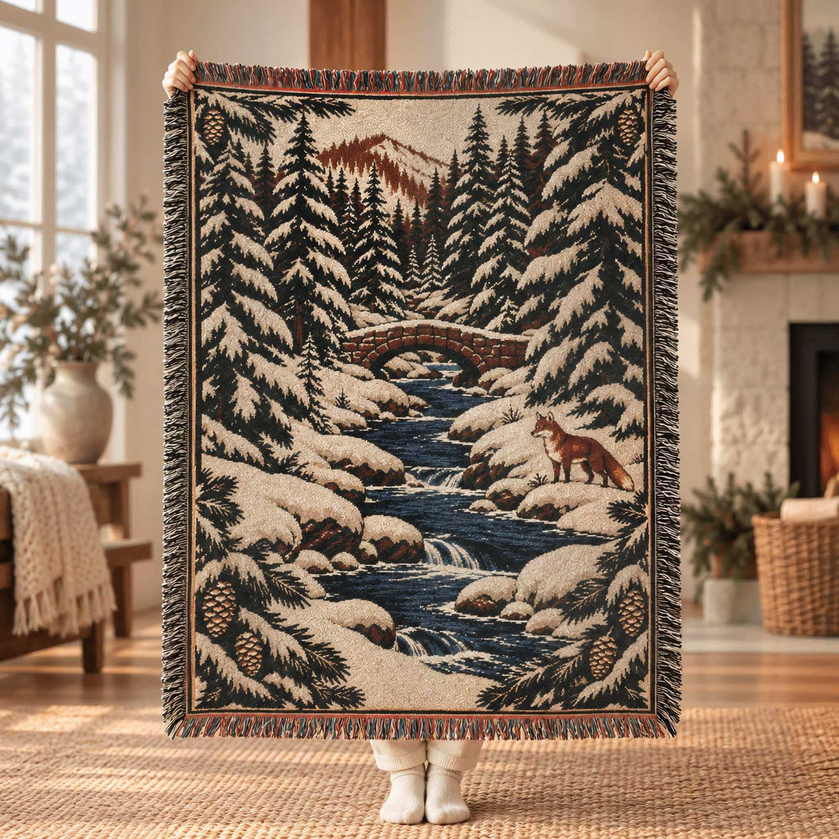 A person holds up a large woven throw blanket featuring a winter forest scene with a stream, bridge, pine trees, and a fox, in a cozy living room setting.