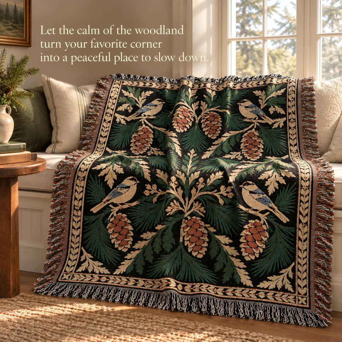 Pinecone and bird woven cotton throw blanket draped over a cozy armchair, bringing evergreen woodland character to a warm winter room.