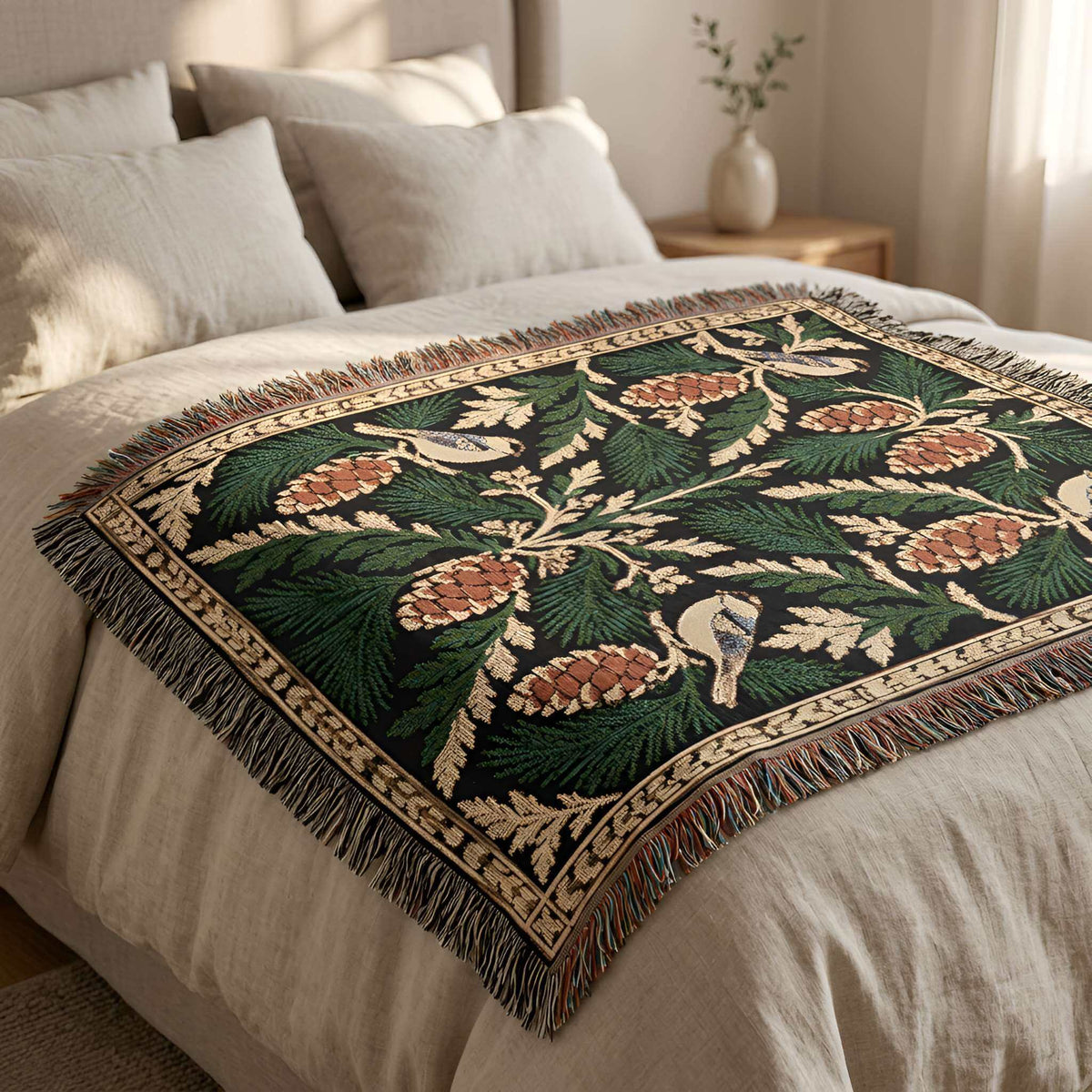Pinecone & Bird Cotton Woven Throw Blanket, 50x60 | Umber Bough