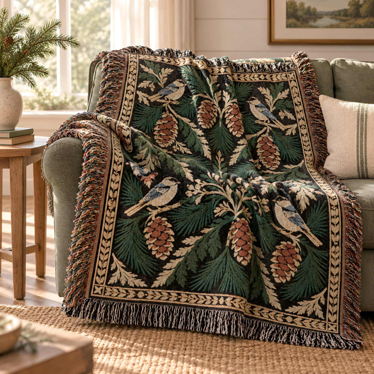 Pinecone and songbird woven blanket draped over a chair in a rustic living room, styled with warm wood furniture and winter greenery.