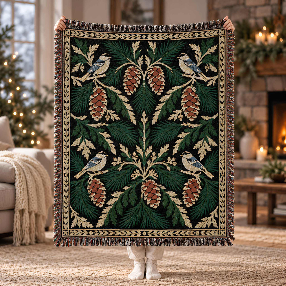 A person holds up a large woven throw blanket in a cozy living room. The blanket features a symmetrical design with bluebirds, pinecones, and green pine needles on a dark green background, framed by a decorative border and fringed edges.