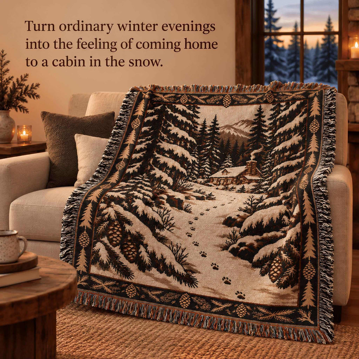 A brown rustic woven throw blanket with a winter forest cabin scene is draped over a sofa in a cozy living room. The blanket features a snowy path, pine trees, mountains, and a cabin, with fringe on the edges.