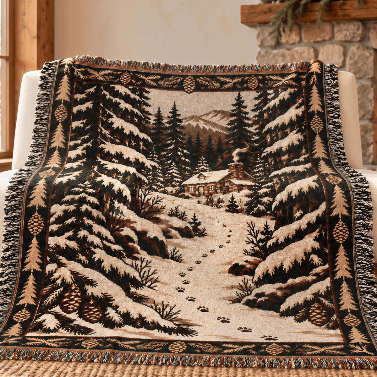 A rustic woven throw blanket with a winter mountain cabin scene is draped over a white armchair in a cozy room with a fireplace and window.